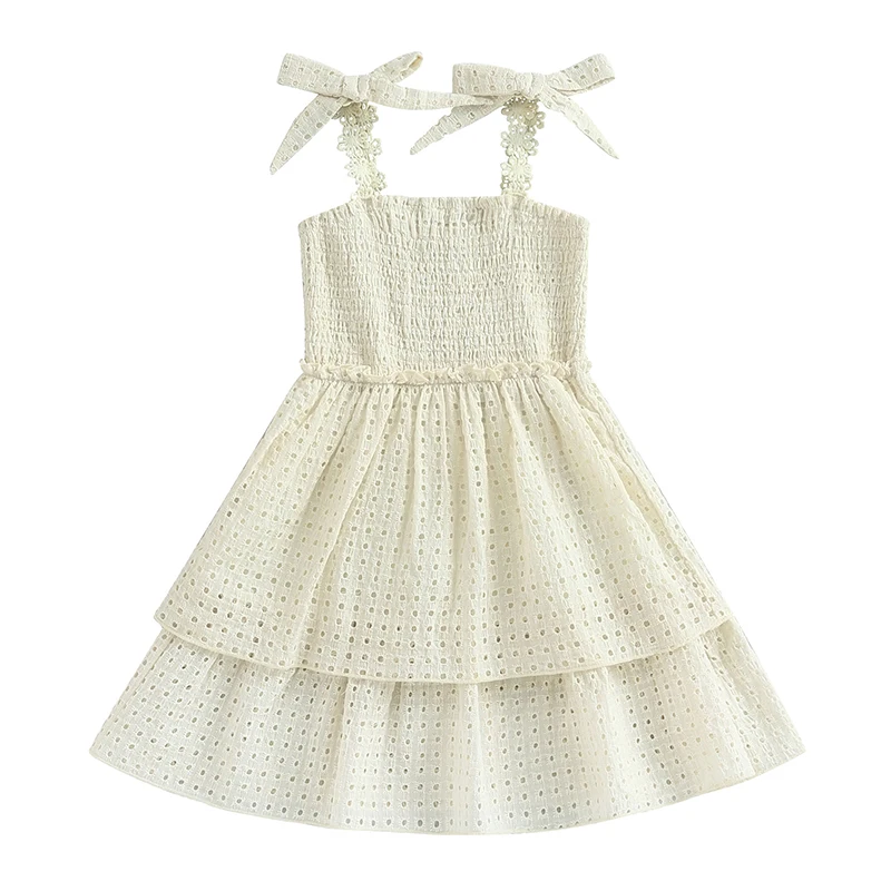 

Kids Girl Dress 2023 Summer Toddler Sleeveless Bow Shoulder Layered Ruffle Dress Casual Smocked Lace Dresses Princess Clothes