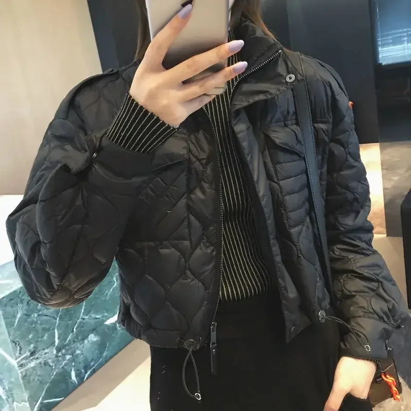 

Quilted Padded Women's Jacket Black Zip-up Thick Padding Cropped Short Duck Down Female Coats Modern Outerwears Winter Promotion