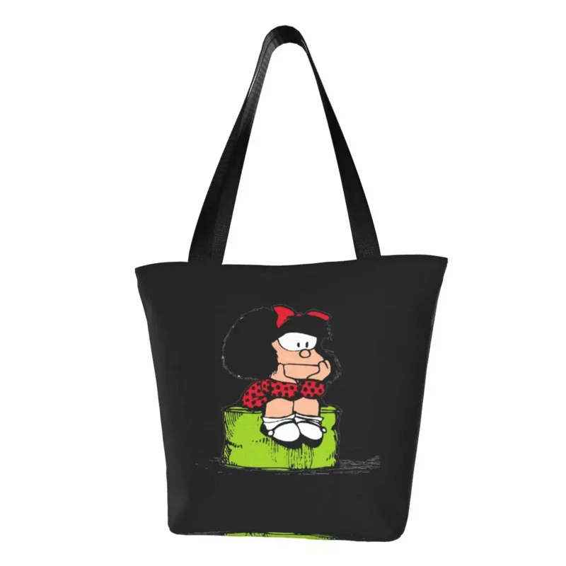 

Mafalda Thinking Grocery Shopping Bag Print Canvas Shopper Tote Shoulder Bag Large Capacity Portable Quino Comic Cartoon Handbag