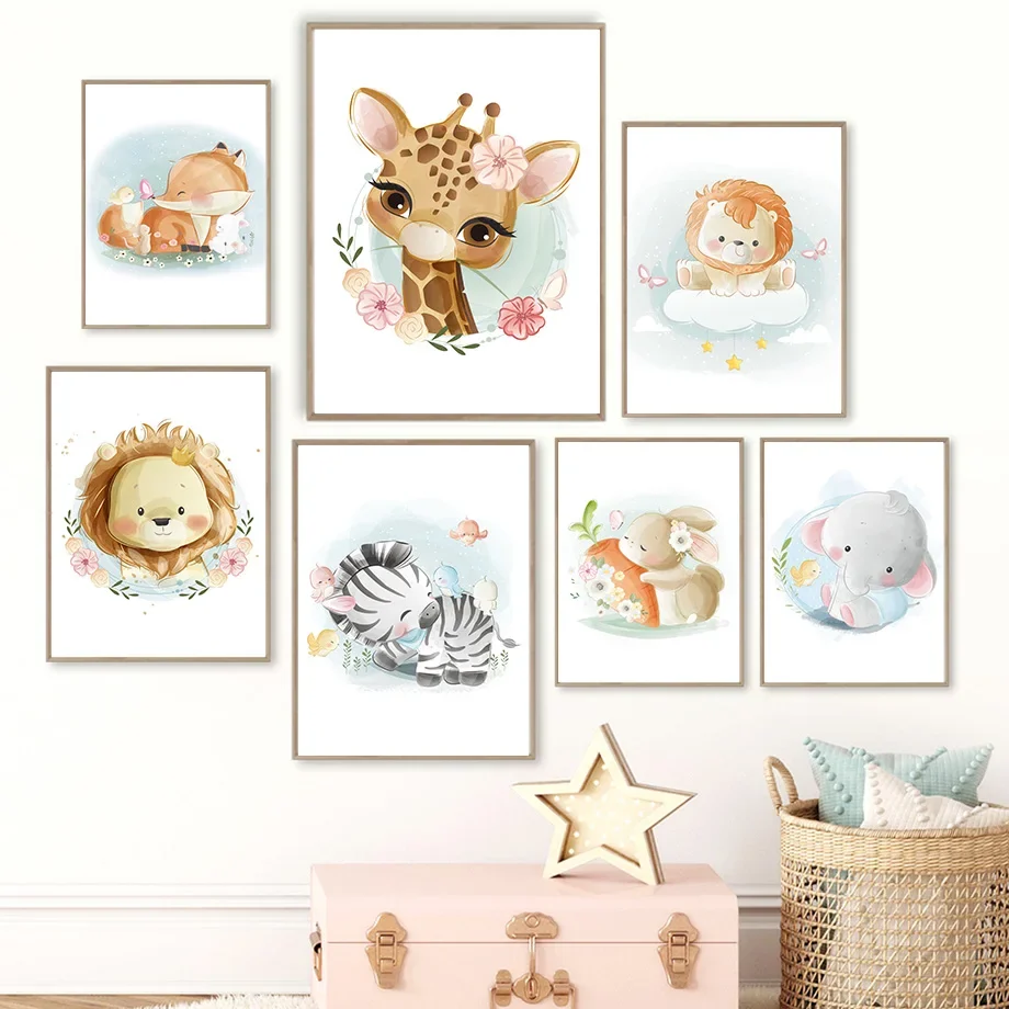 

Милый жираф, Лев, лиса, кролик, Зебра, настенная Картина на холсте, скандинавские постеры и принты, детский Декор для детской комнаты