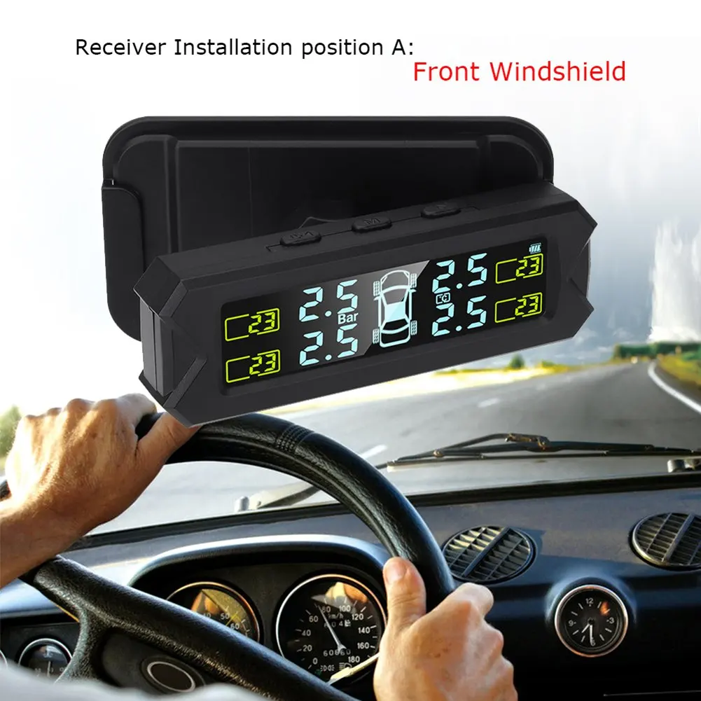 

Windshield Placement Wireless Solar/USB TPMS Car Tire Pressure Monitoring System 4 External Sensors Digital Display DC 5V