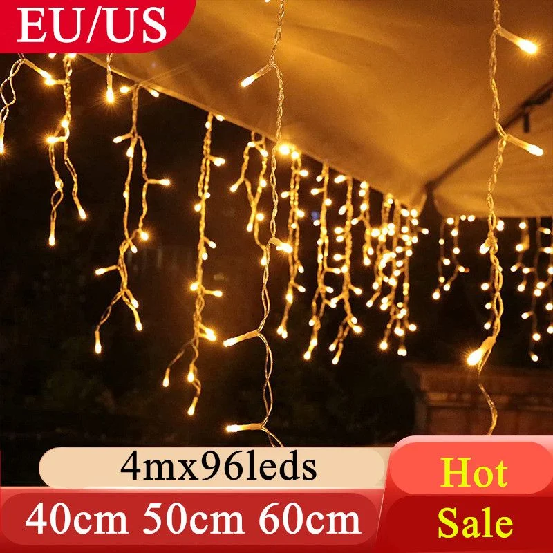 

EU Plug 220V 4M Christmas Garland LED Curtain Icicle String Lights Droop 0.4-0.6m Holiday Light Garden Street Outdoor Decorative