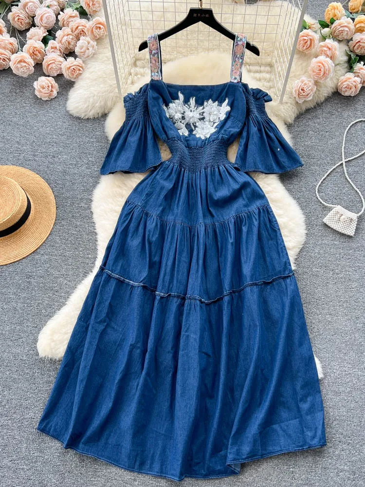 Women Summer Dress Korean Version Advanced Sense Off Shoulder Denim Strap Temperament Waist Retraction Pagoda Sleeve Dress D3932
Women Summer Dress Korean Version Advanced Sense Off Shoulder Denim Strap Temperament Waist Retraction Pagoda Sleeve Dress D3932