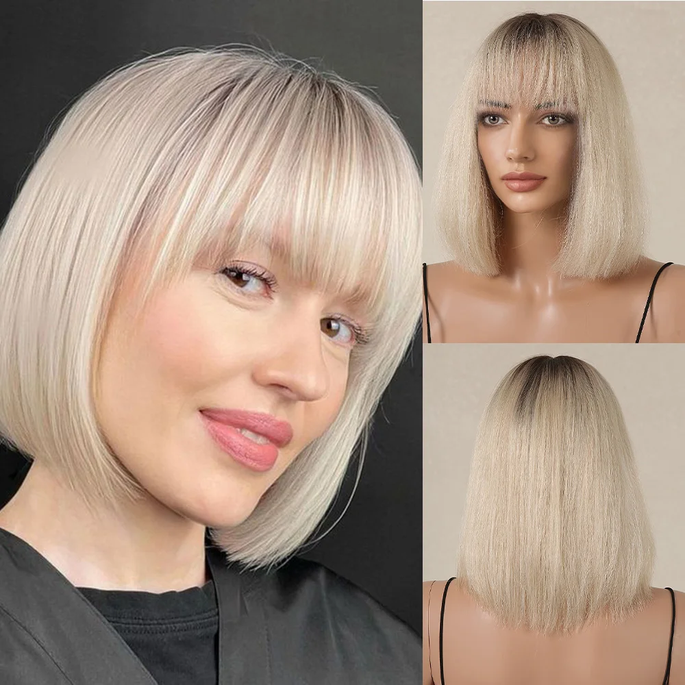 

100% Remy Human Hair Wigs 10 inch Platinum Blonde Natural Human Hair Wigs for Women Short Straight with Bangs Glueless Bob Wigs