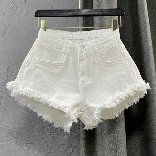 

White Denim Shorts Women New High-Waist Ripped Fringed Burr Hot Pants 2023 Summer Loose Wide-Leg Korean Style Short Femme