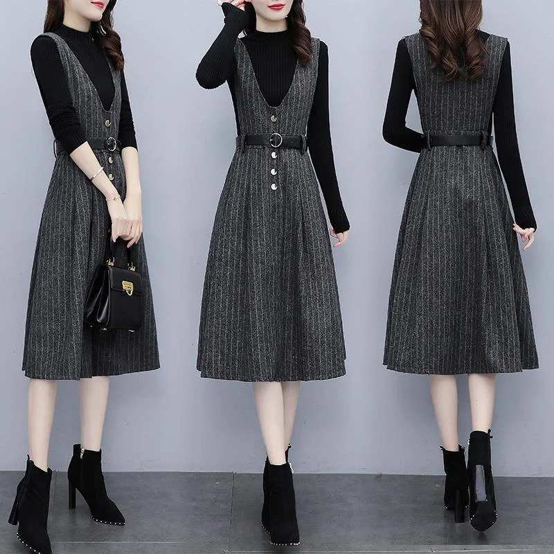 

Sundress Suspender Strap Woolen Stripped Professional Dress With Belt For Women Office Elegant Fall Winter A Line Two Piece Set