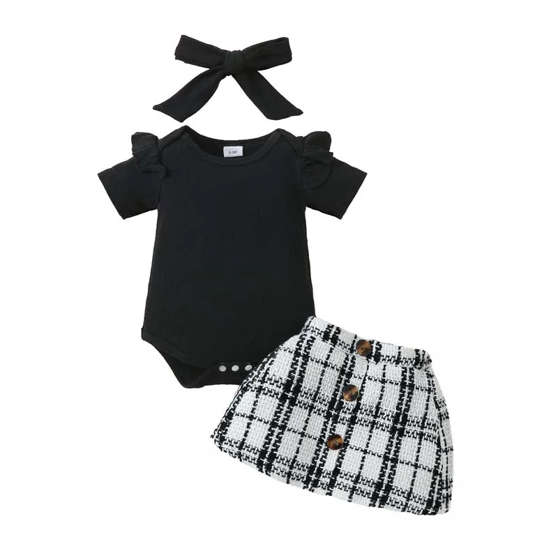 

Newborn Baby Clothes Girl Skirt Sets Black Short Sleeve Bodysuits Plaid Skirts with Hairband Summer Infant Outfits 0-18 Months