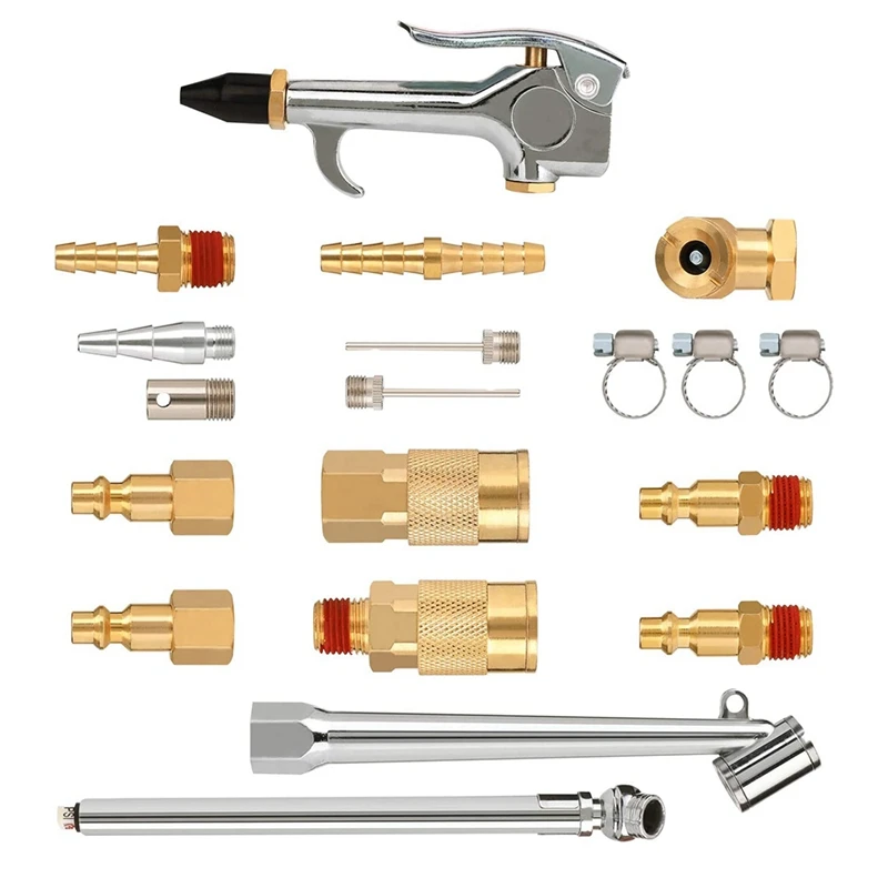 

Фитинги для воздушного шланга, латунный соединитель NPT 1/4 дюйма и вилка, комплект аксессуаров для воздушного компрессора 20 шт., воздуходувка и шинный манометр