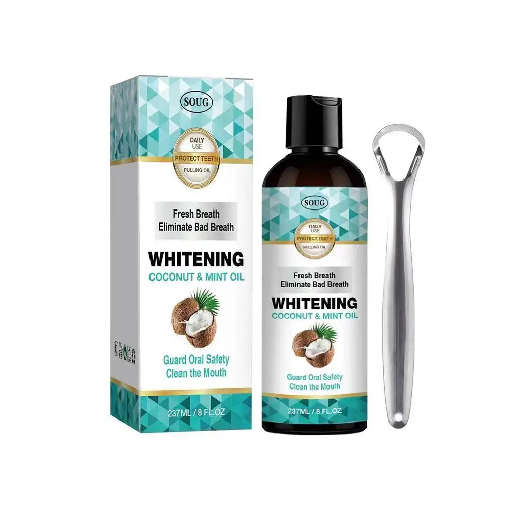 

1PC 237ml Coconut Mint Pulling Oil Mouthwash Alcohol-free Teeth Whitening Fresh Oral Breath Tongue Scraper Mouth Health Care