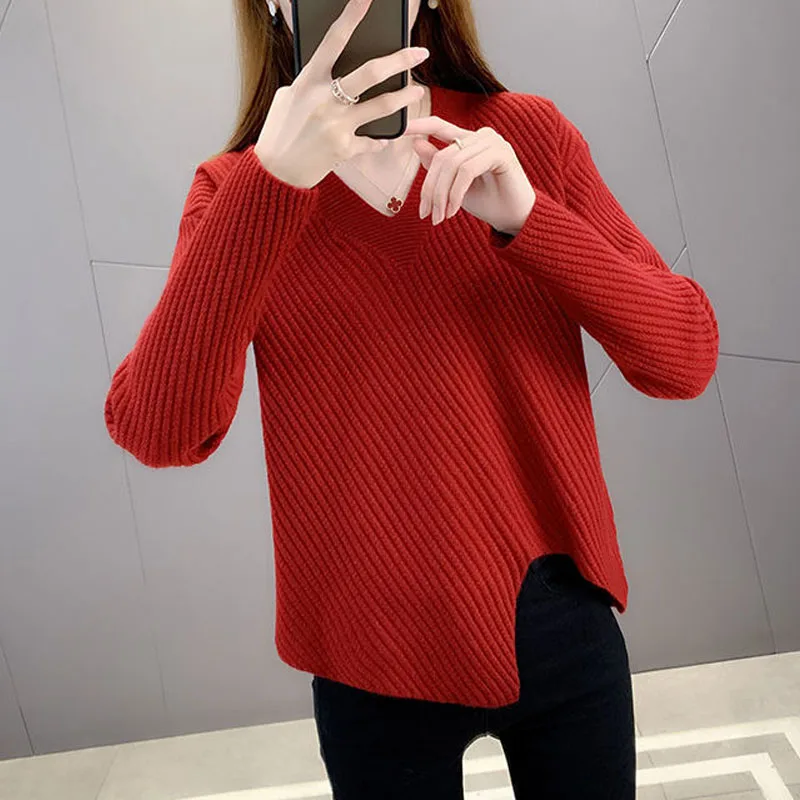 

New Autumn/Winter Fashion Korean Edition Irregular V-neck Loose Versatile Western Style Slim Commuting Long Sleeve Sweater