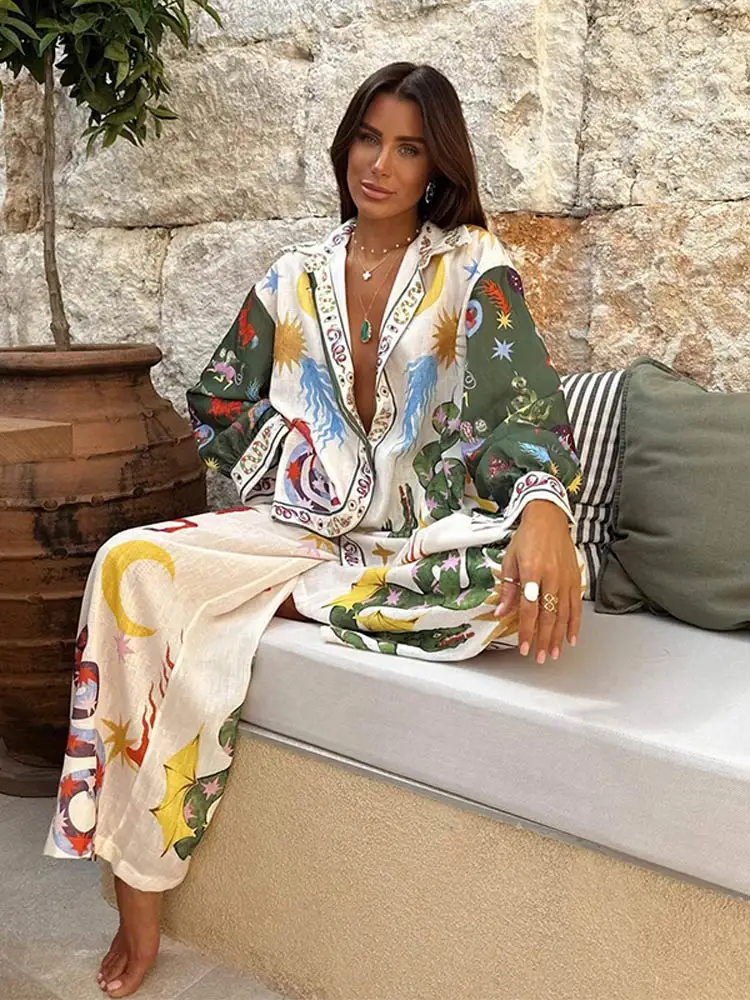 

Elegant Printed Pants 2 Piece Set Causal Lapel Sing Breatsed Long Sleeved Elastic Waist Pant Suits Ladies Holiday Beachwear