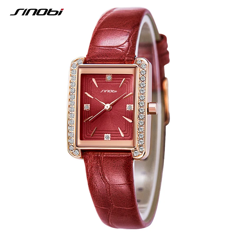 

SINOBI Fashion Luxury Women Quartz Watches Shinning Dial Plate with Diamonds Stainless Steel Leather Strap Women Wirstwatches