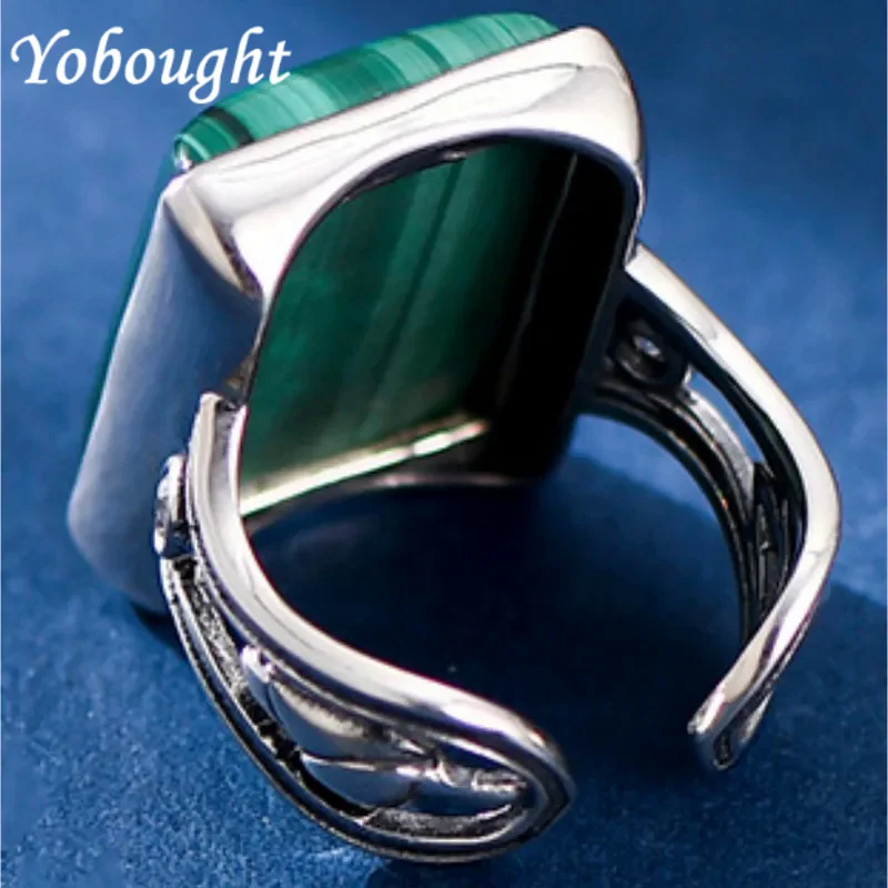 

S925 Silver Support Carved Hollow Tulip Inlaid Malachite Square Opening Vintage Style Index Finger Ring Woman