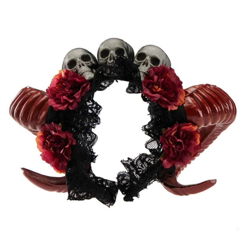 

Skull Flower Lace AntelopeHorn Headband for Party Stage Performances Hairhoop Adult Cosplay Hairband Carnivals Hairhoop