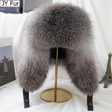 New Winter Mens 100% Real Silver Fox Fur Bomber Hat Raccoon Fur Ushanka Cap Trapper Russian Man Ski Hats Caps Real Leather