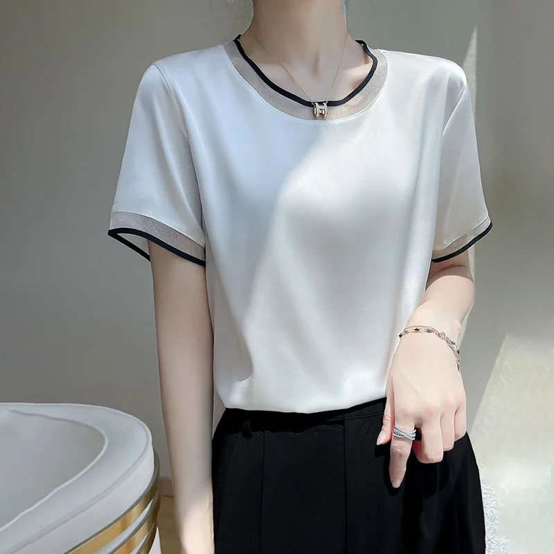 

Summer New Ladies Silk Round Neck Gauze Short Sleeve T-shirt Fashion Color Matching Acetic Acid Loose Pullover V441