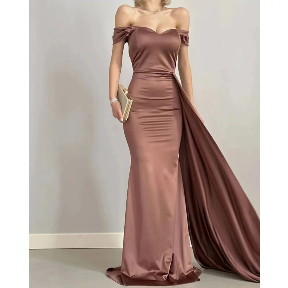 

Vintage Long Off the Shoulder Satin Evening Dresses Sleeveless Mermaid Sweep Train فساتين للمناسبات الخاصة