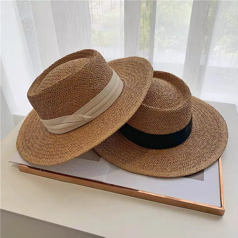 

New Summer Sun Hat Ladies Fashion Girl Straw Hat Ribbon Bow Beach Hat Casual Grass Flat Top Panama Hat Bone Womens Visor Cap