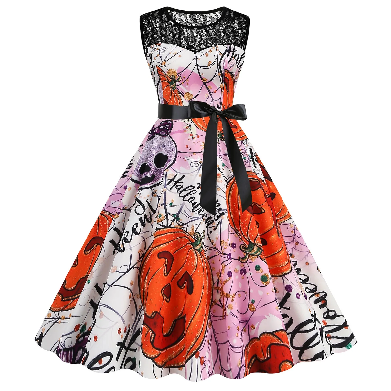 

Women Sleeveless Lace Dress Halloween Pumpkin Printed Vintage Cosplay Cocktail Party Swing Dresses Halloween Costumes For Women