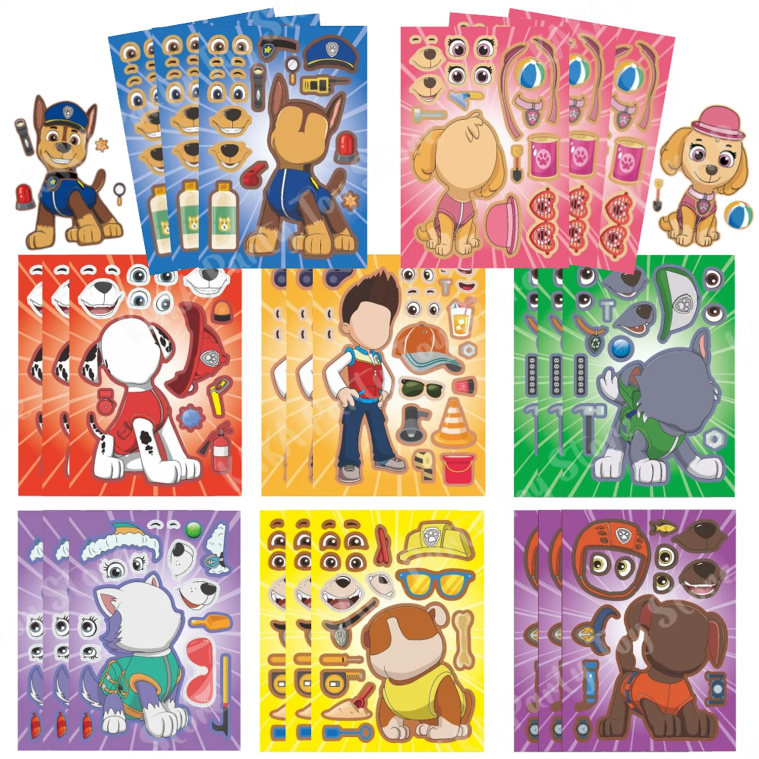 

8/16//24/32Sheets Paw Patrol Puzzle Stickers Cartoon Chase Marshall Skye DIY Face Assemble Stickers Kids Toys Boys Girls Gifts