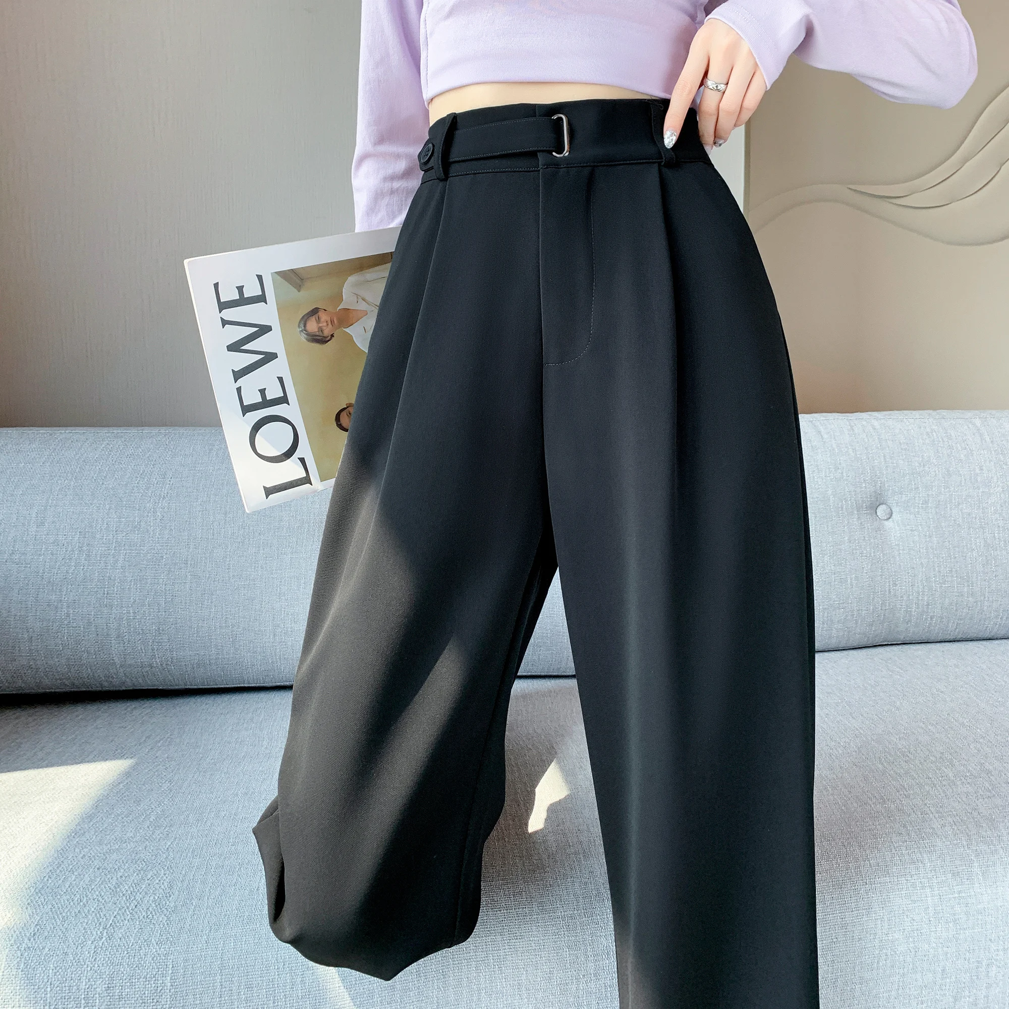 

Брюки женские с широкими штанинами, офисные Модные свободные серые Костюмные штаны с завышенной талией в Корейском стиле, уличная одежда