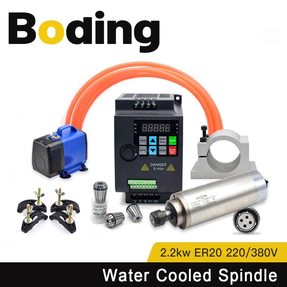 BODING 2.2kw Water Cooled Spindle Motor Kits ER20 Inverter 80mm Bracket With 80W Water Pump GDZ-80-2.2B For CNC Engraver Machine
BODING 2.2kw Water Cooled Spindle Motor Kits ER20 Inverter 80mm Bracket With 80W Water Pump GDZ-80-2.2B For CNC Engraver Machine