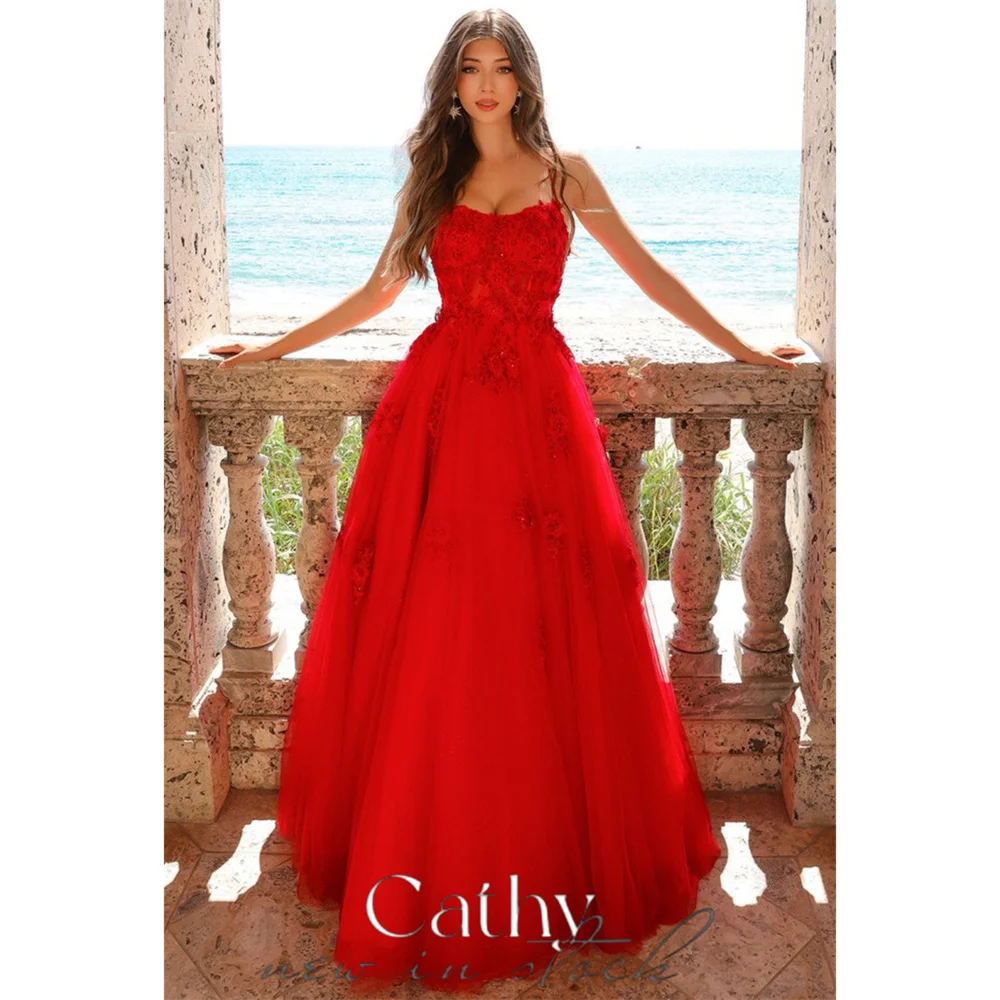 

Cathy 3D Flower Appliques Prom Dresses Tulle A-line فساتين السهرة Elegant Sleeveless Floor-Length vestidos verano moda 2024