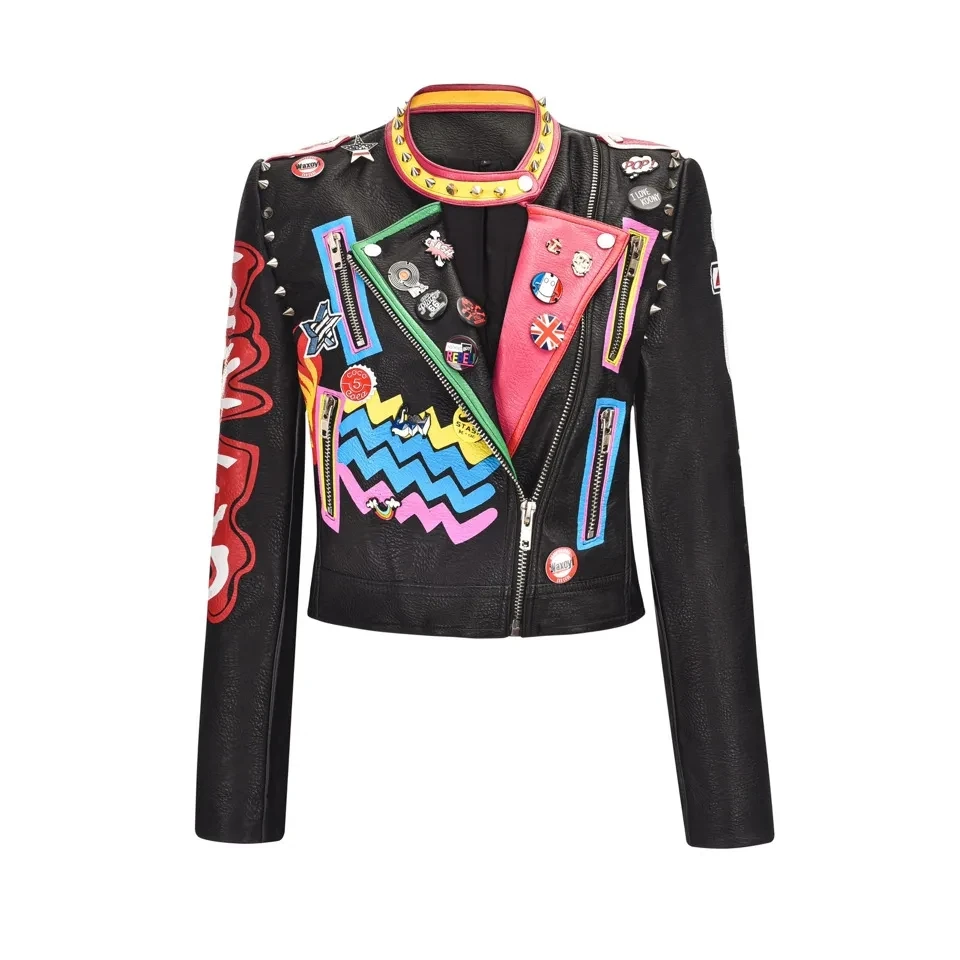 Punk Rock Leather Jacket Women Fashion Graffiti Print Leather Coats and Jackets Crazy Style Rivets and badge Decor
Punk Rock Leather Jacket Women Fashion Graffiti Print Leather Coats and Jackets Crazy Style Rivets and badge Decor