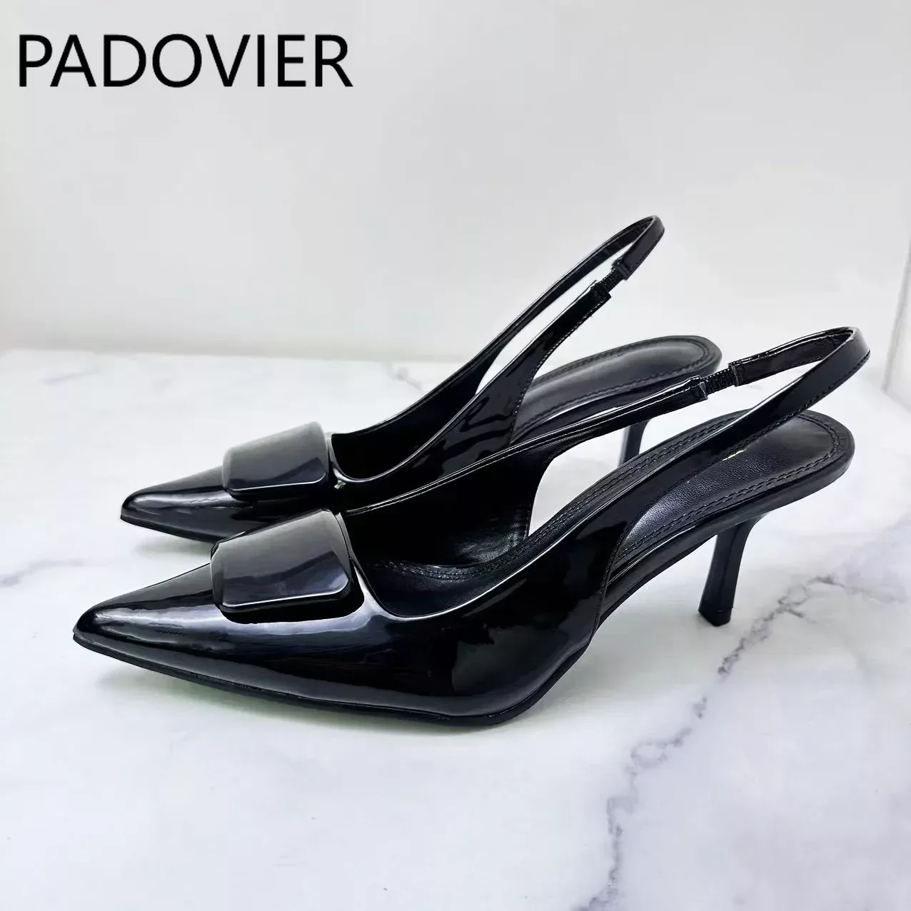 

Women's 2024 New Fashion Joker Black Beige Patent Leather Pointed Thin High-heeled Sandals Decorated With Square Buckle Women.