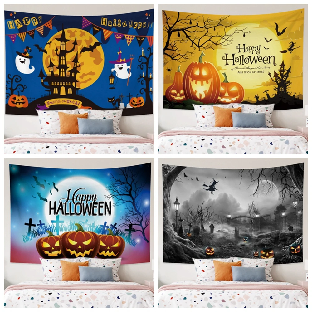 

Halloween Horror Pumpkin Witch Tapestry Wall Hanging Moon Skeleton Castle Aesthetic Room Decor Cartoon Wall Carpet Tapestries