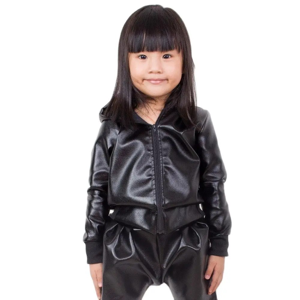 

2023 Spring Autumn Kids Adults Faux Leather Bomber Jacket Stage Performance Tops Feminina Casaco Black Hip Hop Dance Coat