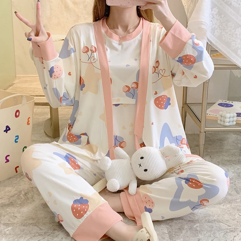 Three Pieces Maternity Sleepwear Short Sleeve Nursing Tops+long Sleeev Cardigans+full Length Pants Postpartum Woman Pajamas Sets
Three Pieces Maternity Sleepwear Short Sleeve Nursing Tops+long Sleeev Cardigans+full Length Pants Postpartum Woman Pajamas Sets