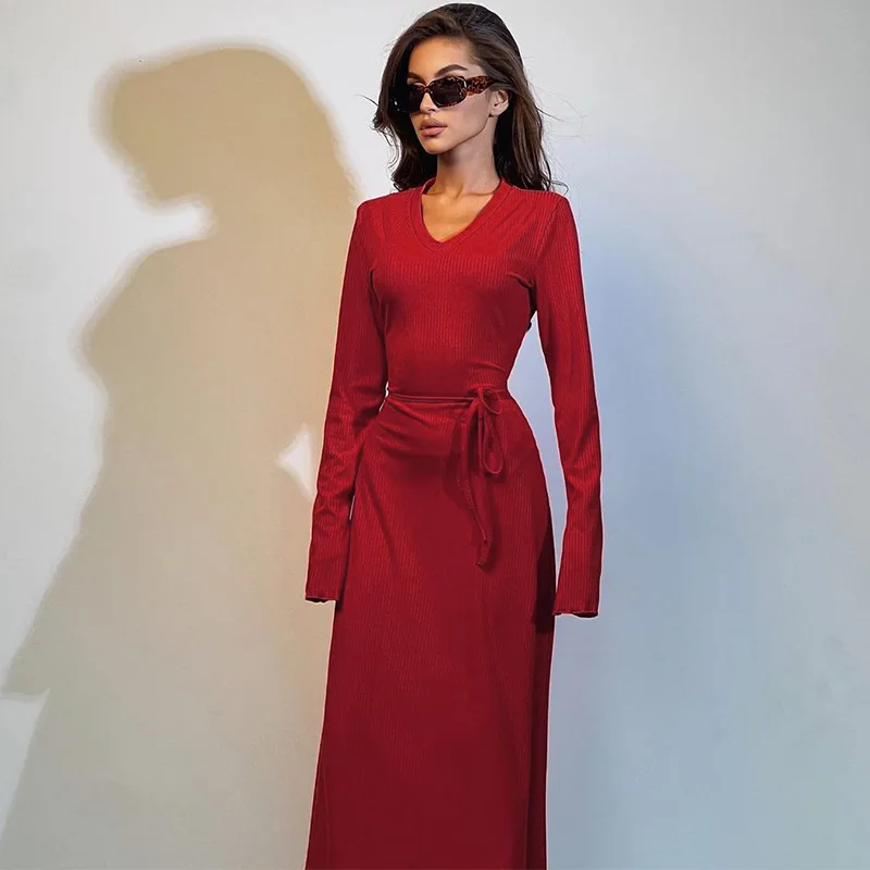 Women Dress Fall Winter New Elegant V-Neck Solid Color Lace-Up Long-Sleeved Maxi Dresses Bodycon Women'S Party Evening Dress
Women Dress Fall Winter New Elegant V-Neck Solid Color Lace-Up Long-Sleeved Maxi Dresses Bodycon Women'S Party Evening Dress