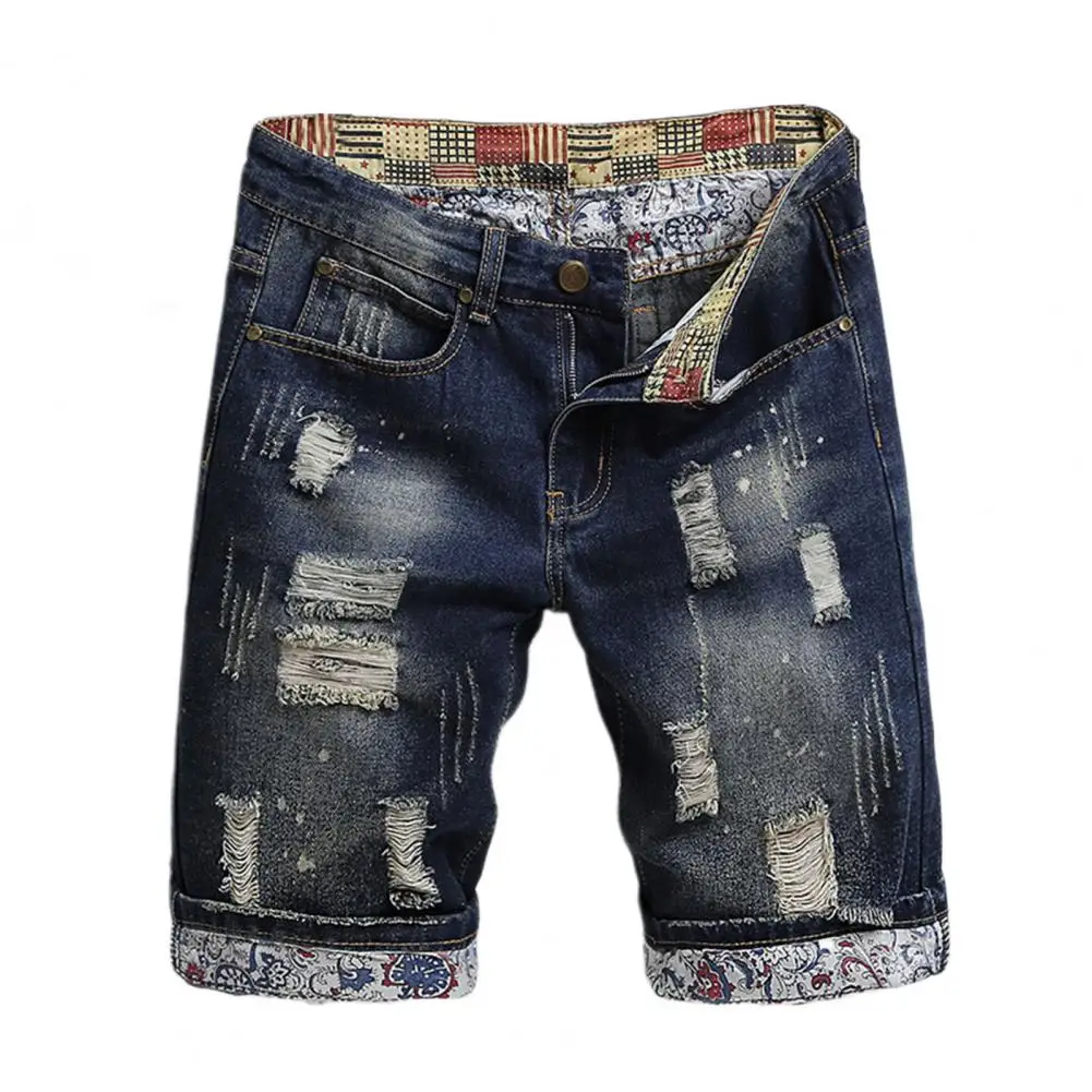 

Men Denim Shorts Retro Mid-rise Denim Shorts with Ripped Holes Patch Design for Men Straight Leg Streetwear Shorts with Pockets