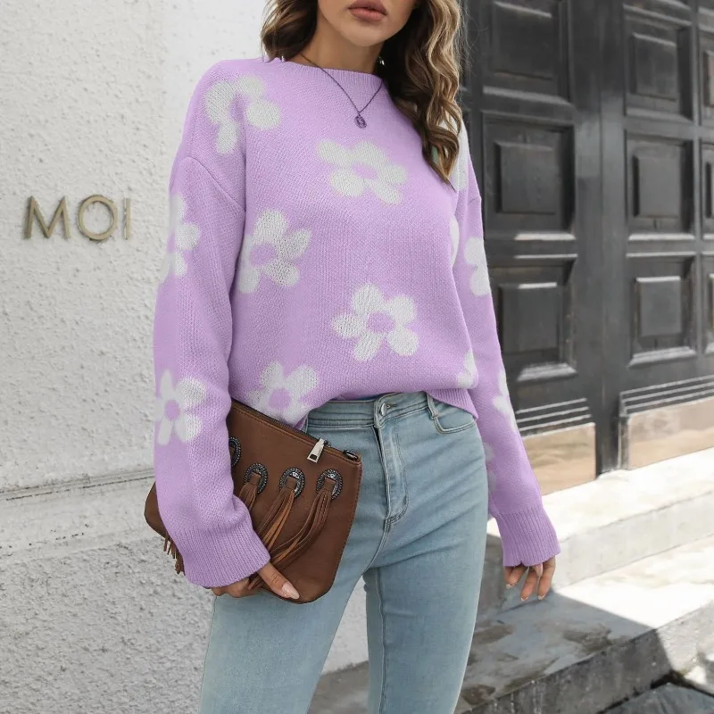 

2023 Autumn and Winter Women's Round Neck Pullover Flower Long Sleeve Daisy Knitted Sweater Loose Fashion Casual Commuter Tops