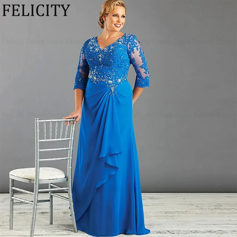 

Sparkly Diamonds Lace Chiffon Plus Size Mother of the Bride Dress Half Sleeve Long Formal Evening Gowns Wedding Party Guest