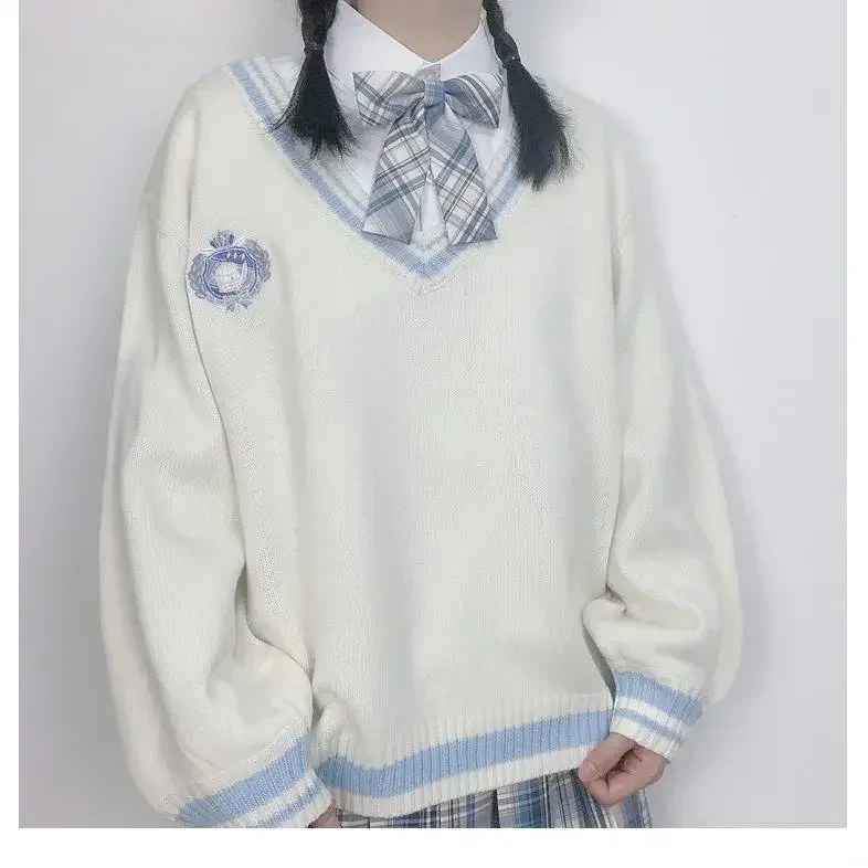 

Верхняя одежда, топы, свободный японский женский вязаный пуловер с V-образным вырезом, форма, милый студенческий свитер в Корейском стиле для колледжа, школьный стиль