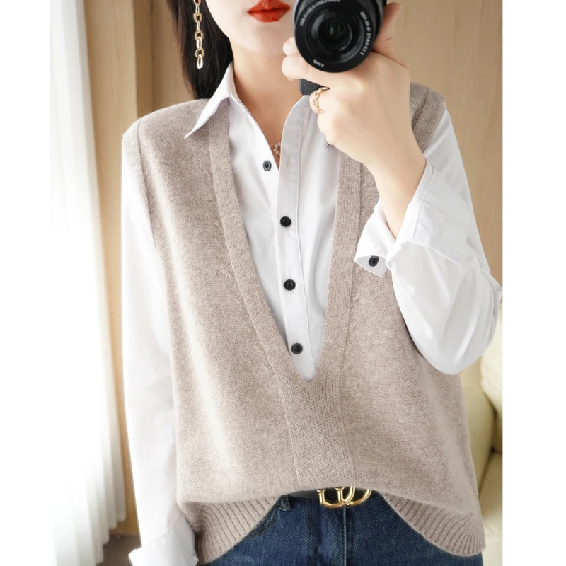 

23 Spring And Autumn New Knitted Shirt Vest Women's V-Neck Solid Color Pullover Loose Fashion Versatile Lazy Knitted Sweetheart