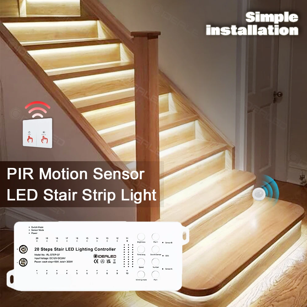 

Умный датчик освещения лестницы, 20-ступенчатая лампа для лестницы с PIR/инфракрасным прецизионным датчиком/беспроводной панелью с регулировкой яркости, стандартная полоса 24 В