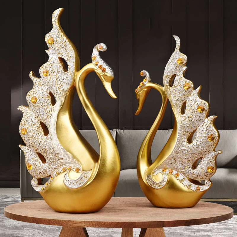 

European Resin Gold Swan Couple Decoration Home Livingroom Table Figurines Crafts Hotel Office Desktop Furnishings Ornaments Art