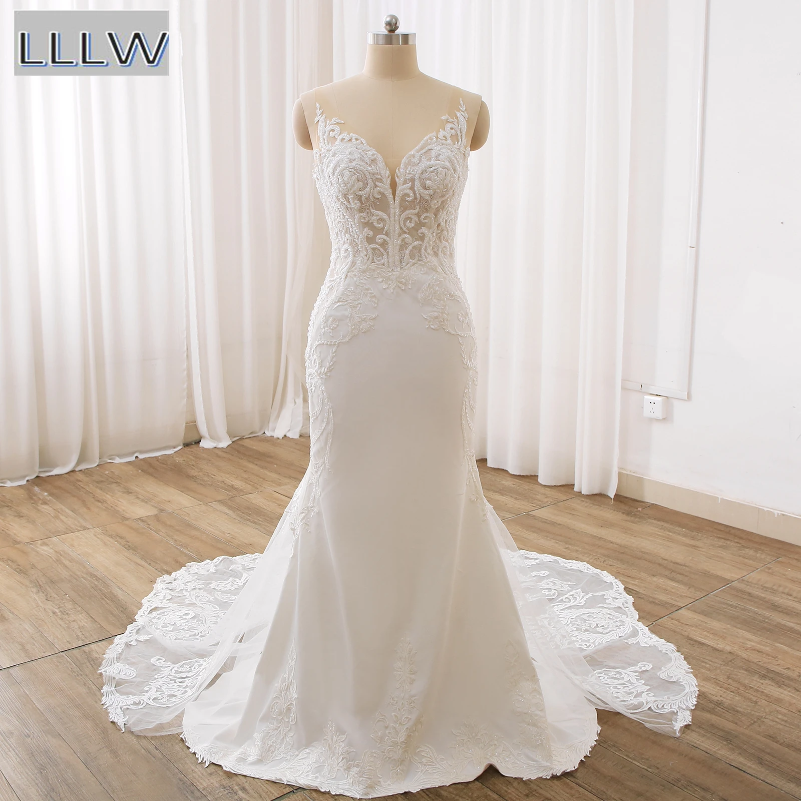 Ivory Lace Beading Chiffon Crepe Mermaid/Trumpet Wedding Dresses Chapel Train V-Neck Sleeveless Bridal Gowns
Ivory Lace Beading Chiffon Crepe Mermaid/Trumpet Wedding Dresses Chapel Train V-Neck Sleeveless Bridal Gowns