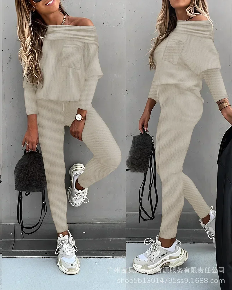 

Off Shoulder Ruched Full Sleeve Top Long Pencil Pants Set Two Piece Set Women Slash Neck Tops Lace Up Trousers Suits 2023