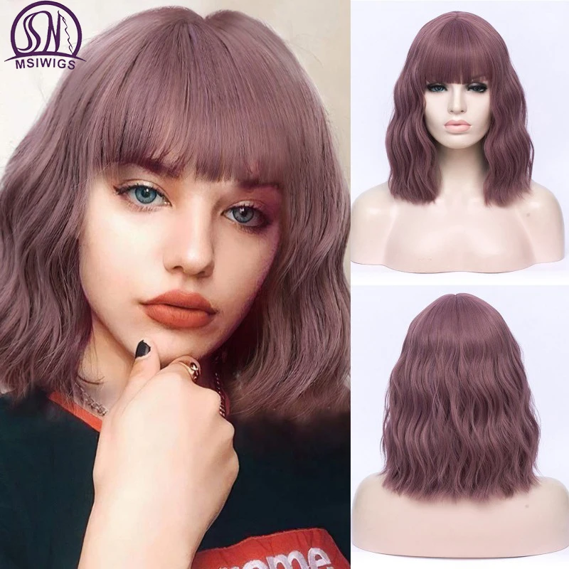 

MSIWIGS Short Bobo Wavy Cosplay Wigs for Women Purple Red Green Natural Bob Synthetic Wig Brown Blue Black with Bang for Girl