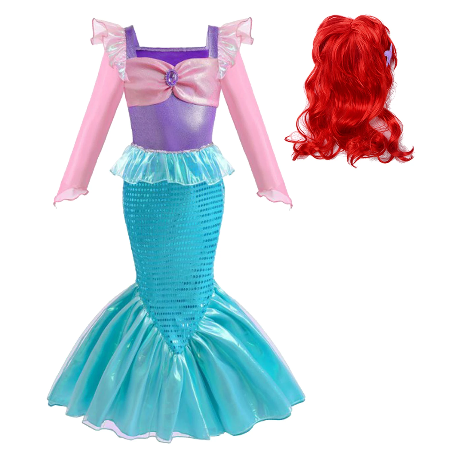 

Halloween Kids Girls Mermaid Cosplay Costume Set Long Sleeve Flutter Shoulder Glitter Fishtail Dress with Starfish Wig Dress Up