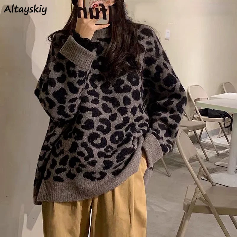 

Leopard Sweaters Women All-match Autumn Vintage Thick Warm Knitted Pullovers Female Loose Knitwear Basic Fashion Cozy Hipster BF