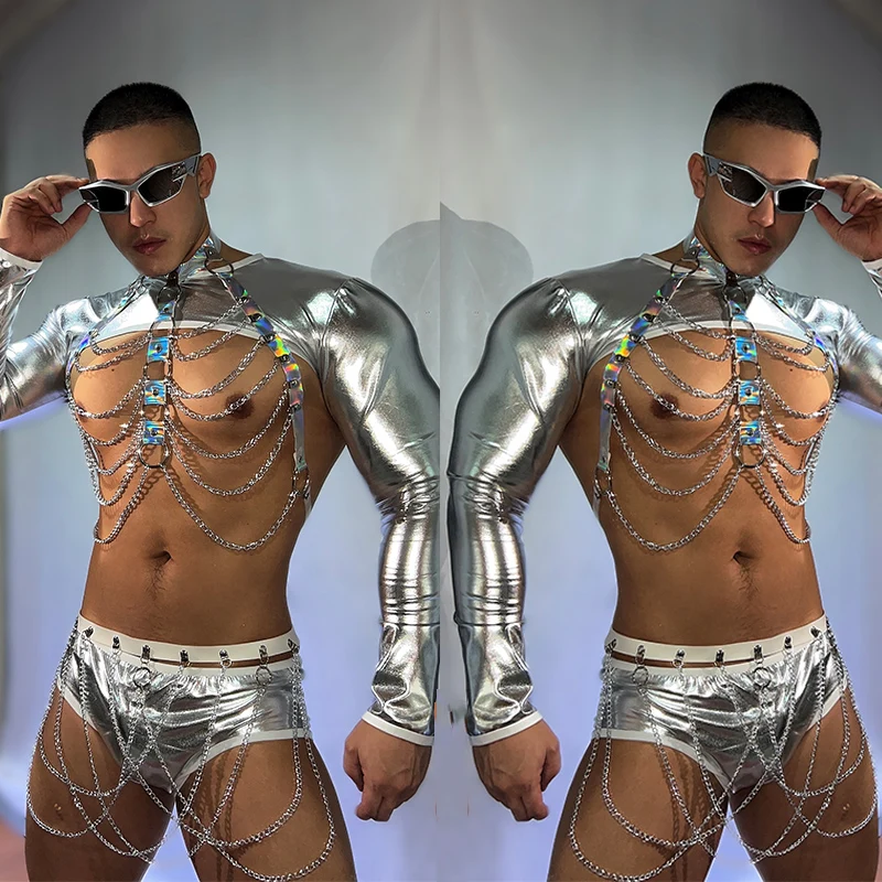 Male Silver Pole Dance Costume Sexy Gogo Dance Clothing Muscle Man Performance Wear Chest Chains Dj Ds Rave Outfit
Male Silver Pole Dance Costume Sexy Gogo Dance Clothing Muscle Man Performance Wear Chest Chains Dj Ds Rave Outfit