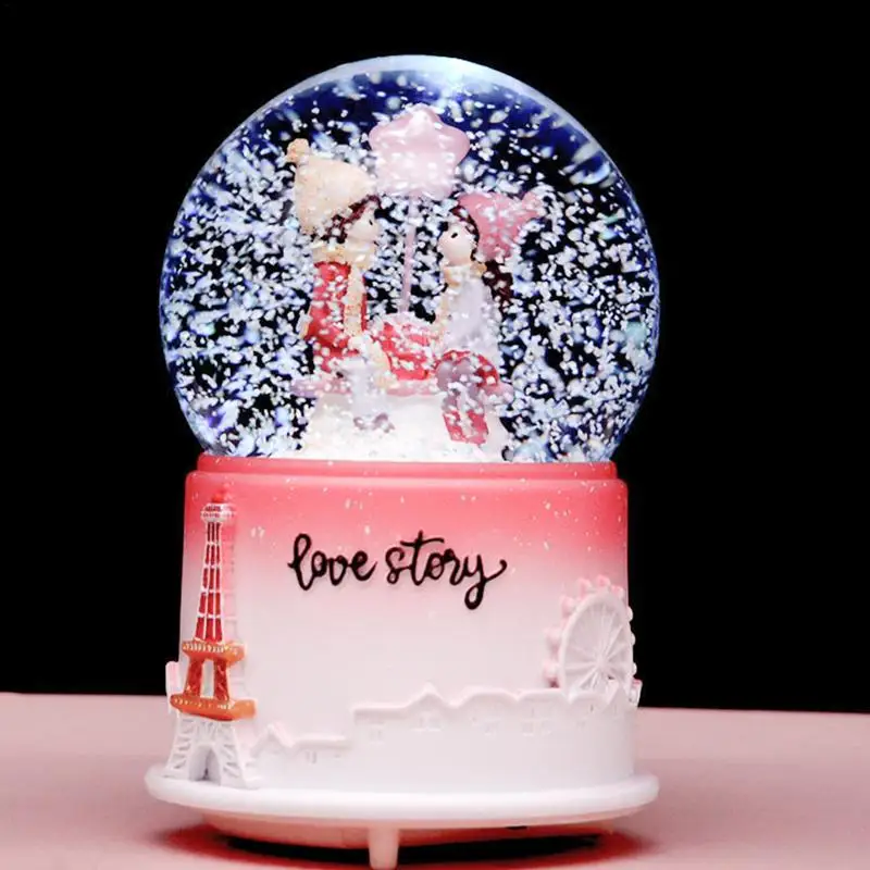 

Clear Crystal Ball Lighted Decoration Cute Light up Snow Globe Music Box with Cartoon Couple Resin Crafts Valentine's Day gift