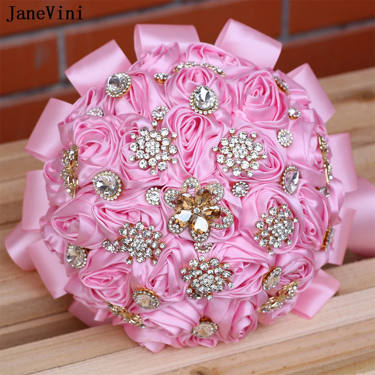 

JaneVini Luxury Rhinestones Jewelry Bridal Brooch Bouquets Ribbon Roses Fashion Western Pink Bouquet Flowers Wedding Accessories
