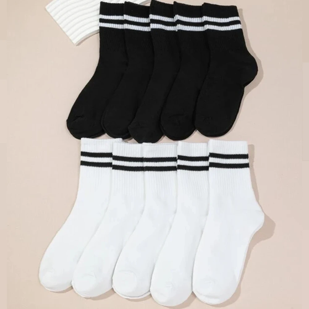 

Fashion Women's Socks 10 Pairs High Tube Mid Length Socks Set Women In Solid Black White Parallel Bars Popular Sweat Absorption