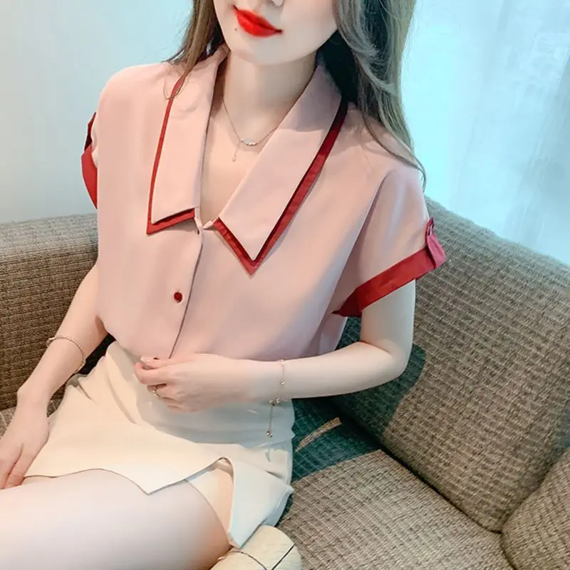 

Fashion Woman Blouses 2023 Short Sleeve Peter Pan Collar Summer Solid Color Button Spliced Casual Commuter Shirt